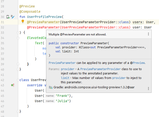 Mutiple @PreviewParameter ar not allowed